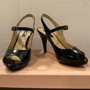 Bandolino Charmed Black Patent Leather Peep Toe Platform Heels